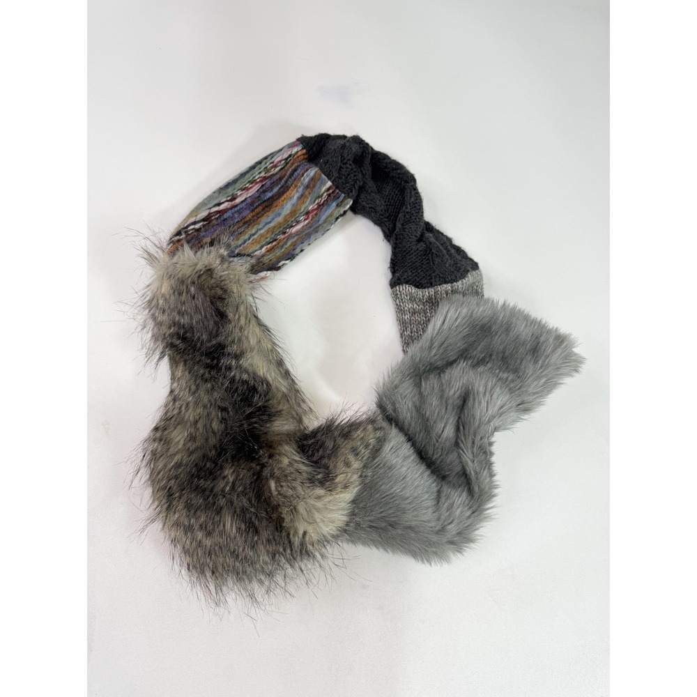 Patchwork Faux Fur Knit Scarf Womens One Size Gray Black Multicolor Winter - Picture 1 of 5